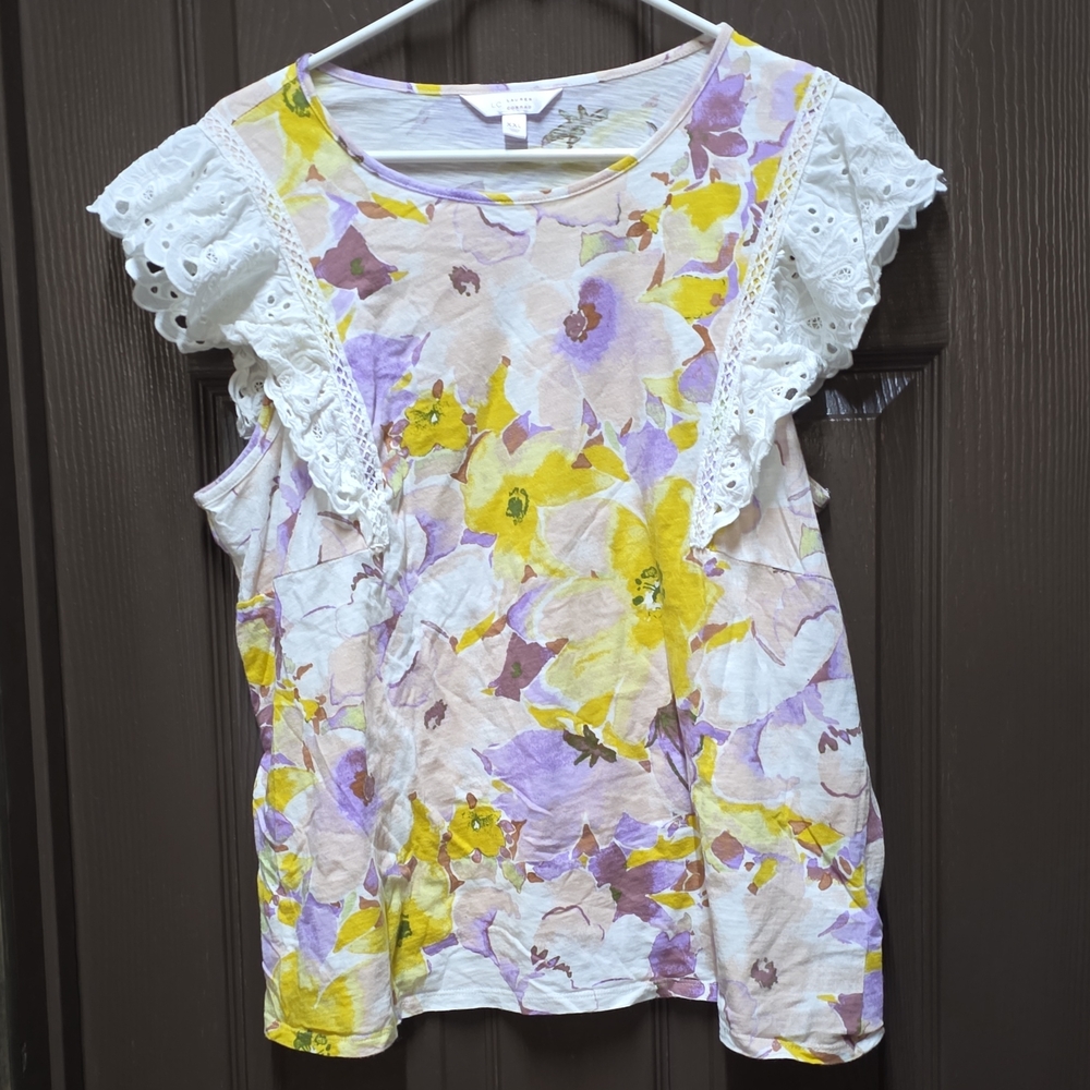 Lauren Conrad Floral Lace-Trim Women’s Top in Yellow & Lavender